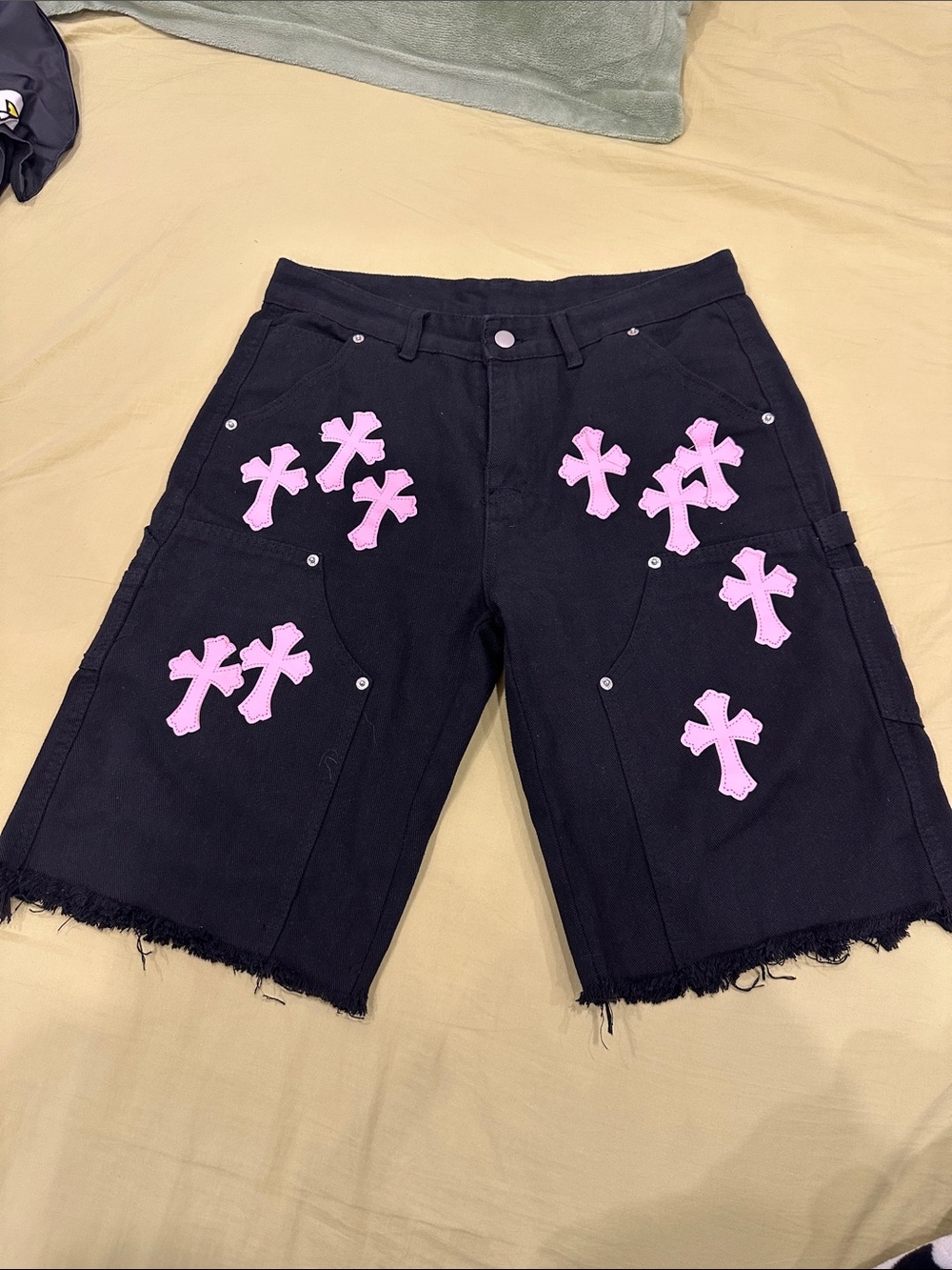 Black Women's Denim Shorts with Pink Cross Appliqués